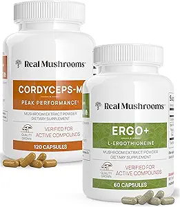 真正的蘑菇 Ergothioneine(60cm)和 Cordyceps-M(120cm) 与 Shiitake 和 牡蛎 蘑菇提取器 - 长寿和能量 - Vegan, Gluten Free, Non-GMO - 健康老龄化的自然支持