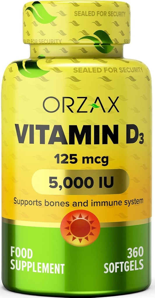 ORZAX 维生素 D35000 iu(125 mcg) – 非GMO, Gluten Free, Sugar Free, 奶制品 Free – 1年供应 强健肌肉功能和免疫支持 – Mood 健康补充(360 Softgel)
