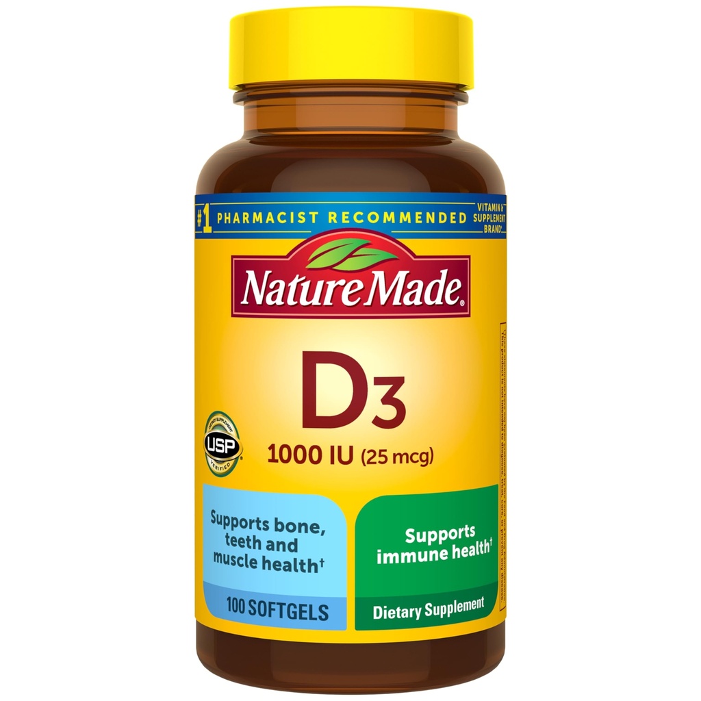 Nature Made Vitamin D3 1000 IU(25 mcg),Bone,Teeth,Muscle和Immune健康支助维生素D补充,100软胶,100天供应