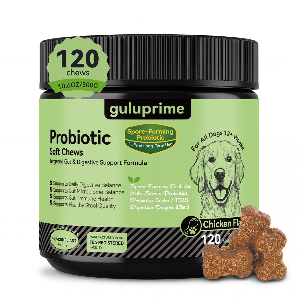 Probiotics for Dogs – Digestive & Gut Health Support, Dog Probiotic Chews with Spore-Forming Bacillus Coagulans, Multi-Strain Lactobacillus + Prebiotic Inulin, Chicken Flavor, 120 Soft Chews