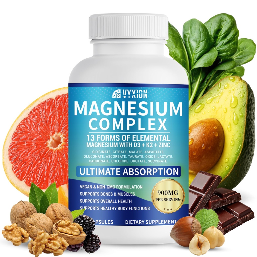 VYXION Magnesium Glycinate Complex 900mg Elemental Magnesium with Vitamin D3, K2, Zinc & B Vitamins | Supports Sleep, Muscle Relaxation & Nervous System Health Vegan, Non-GMO, 90 Capsules