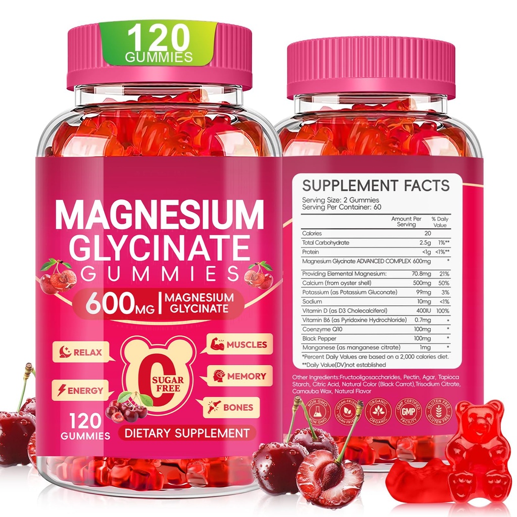 Magnesium Glycinate Gummies 600mg for Women and Men, High Absorption Magnesium Glycinate with Vitamin D, B6, and CoQ10 for Calm Support & Sleep, Sugar Free, Vegan, 120 Count