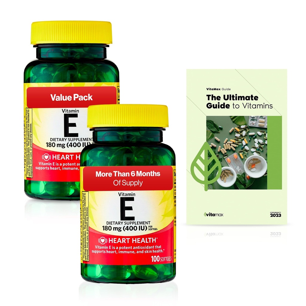 春谷维生素E 心肺健康补充剂软胶,180 mg(400 IU),200 Counter,2-Pack + 专属维生素指南(3项)