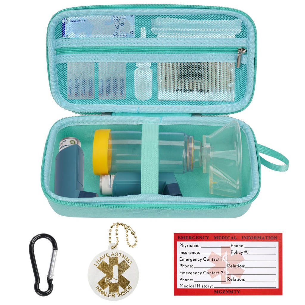 MGZNMTY Travel Carrying Case Compatible with Asthma Inhaler Spacer for Adults and Children, Masks, Inhaler Holder with Asthma Alert Tag and Medical Card, Carabiner (Only Case) (Green)