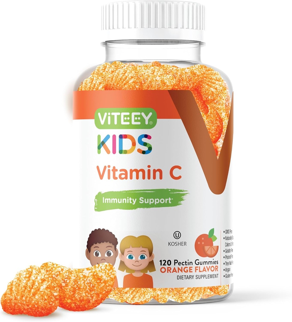 Viteey Kids Vitamin C Gummys - 对孩子,托德勒斯, & Teens的免疫支持 - Vegan, Gelatin Free, Gluten Free, GMO Free - Tasty Chewable Orange Flavored Gummy (英语).