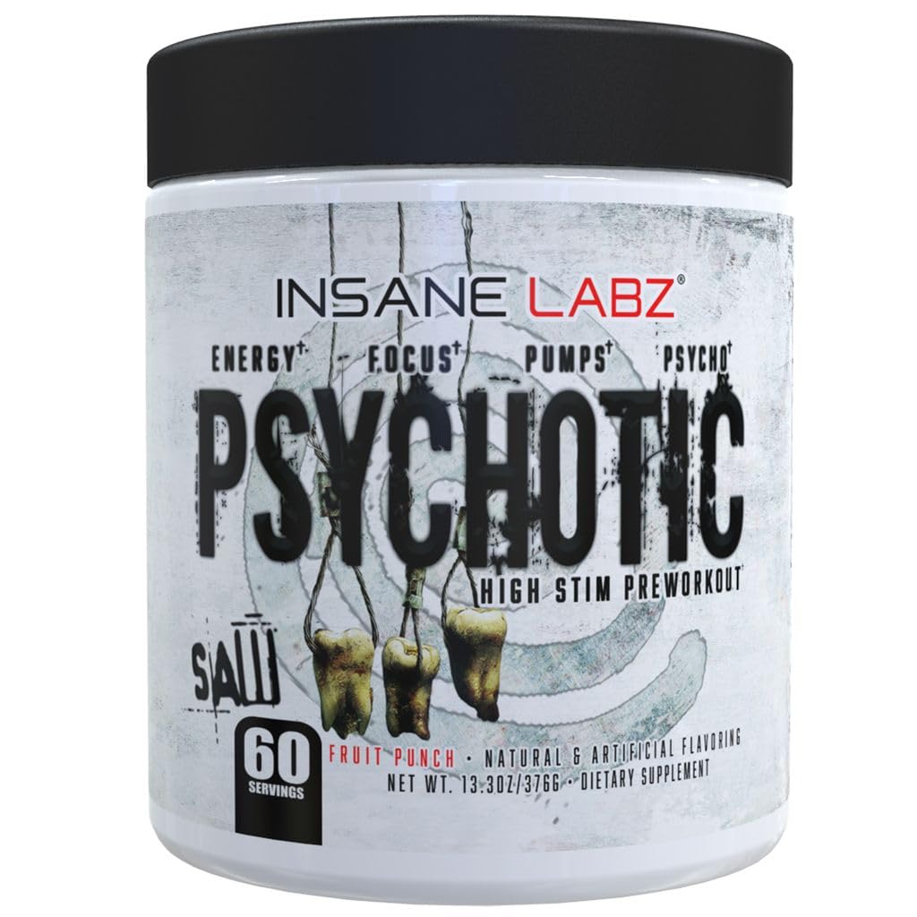 Insane Labz Psychotic Saw, High Stim Pre Workout Powder with OxyGold­™ and AMPiberry®,Extreme Lasting Energy with Teacrine®,Focus with CognitIQ® and Endurance (60 Servings, Fruit Punch)