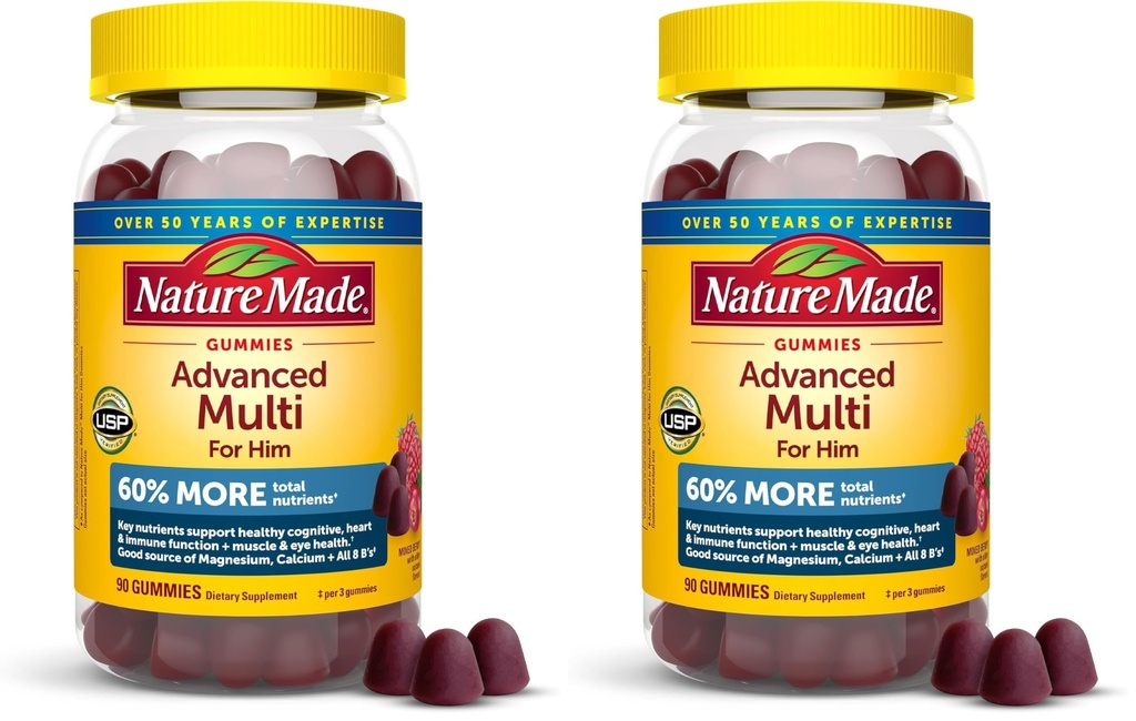 Nature Made Advanced Multivitamin Gummies for Him with Magnesium Citrate,Calcium & All 8 B Vitamins,Multivitamin for Men,90 Gummies,30 Day Supply,(Pack of 2)