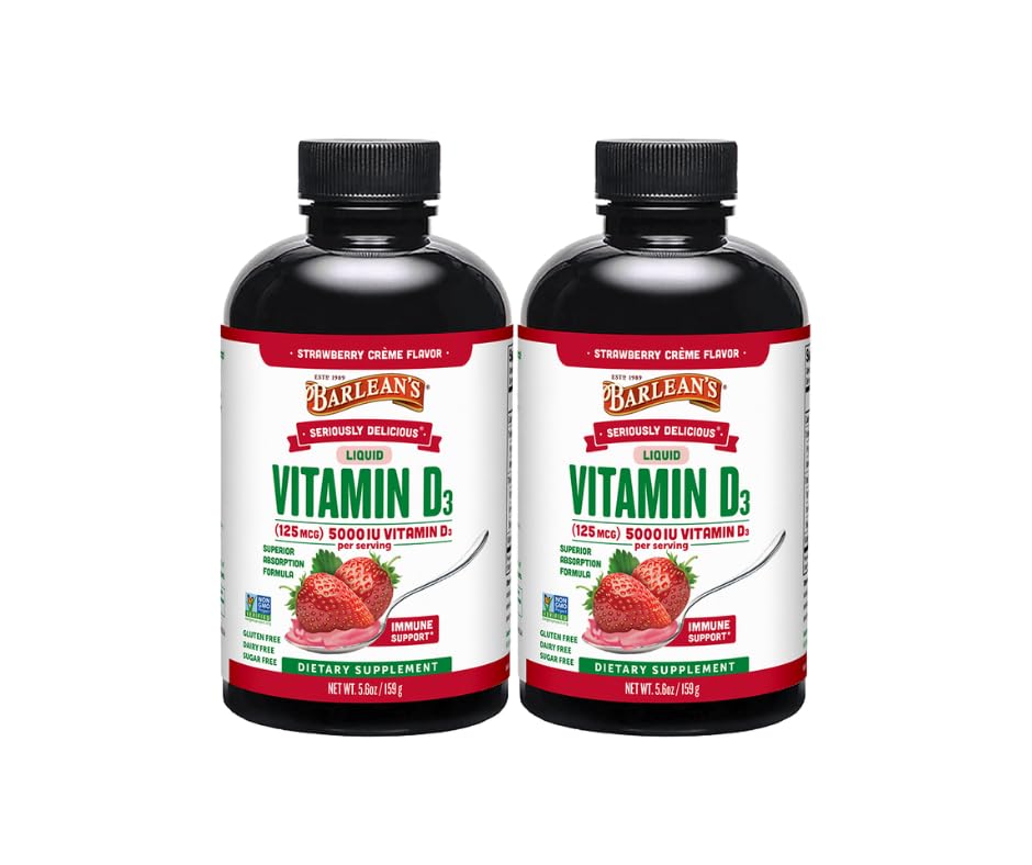 Barlean's Pack of 2 Vitamin D3 Liquid Supplement for Kids and Adults, 5000 IU Vitamin D, Strawberry Milkshake, Non-GMO, Gluten and Dairy Free, 5.6 oz Each