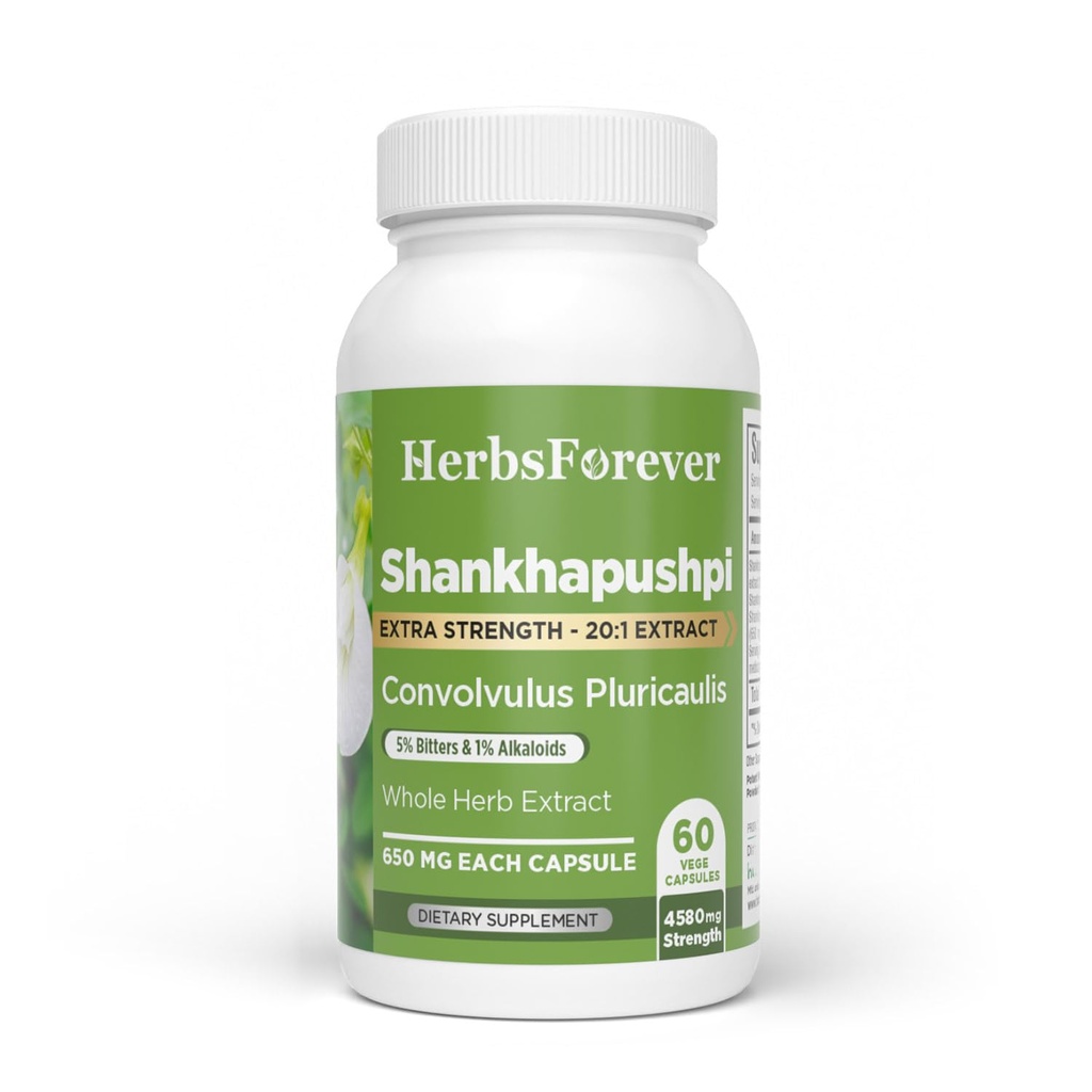 Herbsforever Shankhpushpi(Convolvulus pluricaulis)-Extra Strength(20:1) Extract, Equiv. to 4580mg Plant Powder Per Serving-Brain Tonic & Cognitive Focus|5% Bitters & 1% Alkaloid|60Veg Capsules|650mg