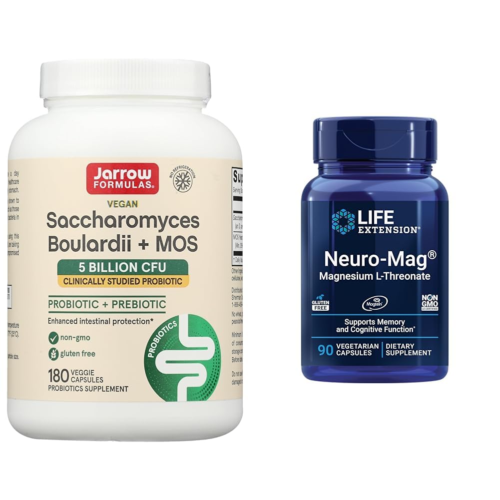 Jarrow Formulas Saccharomyces Boulardii Probiotics + MOS 5 Billion CFU Probiotic Yeast & Life Extension Neuro-mag Magnesium L-threonate, Magnesium L-threonate, Brain Health, Memory