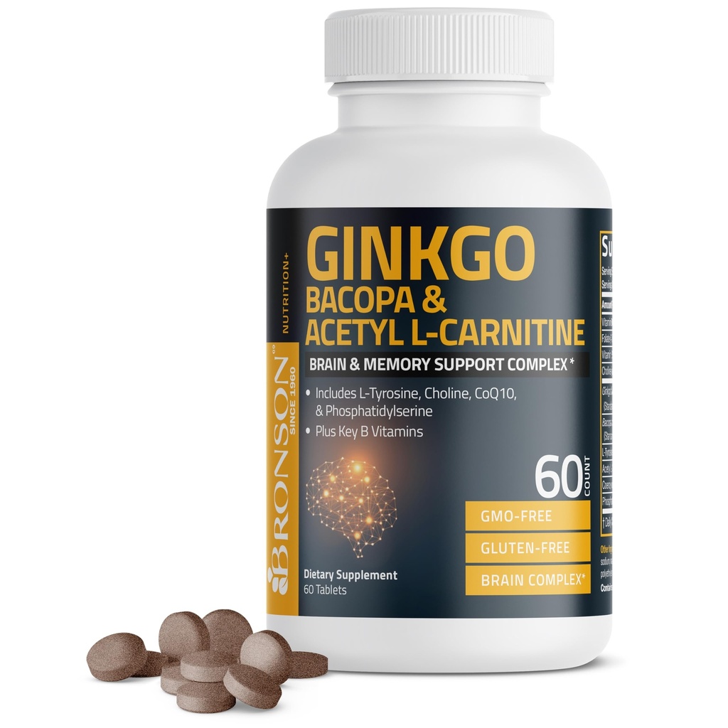 Bronson Ginkgo, Bacopa & Acetyl L-Carnitine Brain & Memory Support Complex with L-Tyrosine, Choline, CoQ10 & Phosphatidylserine Plus Key B Vitamins Non-GMO, 60 Tablets