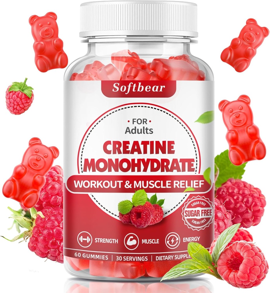 软熊 Creatine Monohydrate Gummys for Men Women, Vegan Creatine 补充 5000mg Creatine HCL 肌肉构建器预选 Gummys 强力 Raspberry Flavor 60 计数