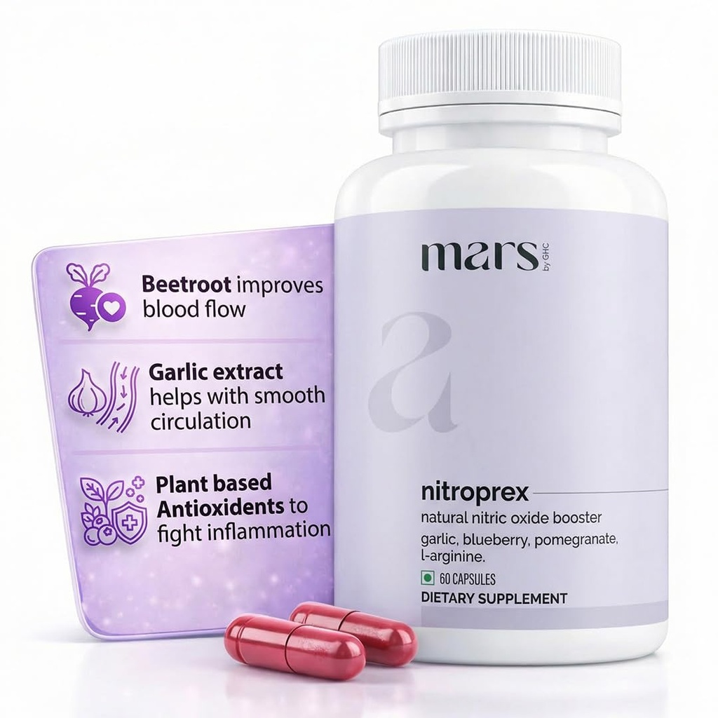 Mars NitroPrex, Nitric Oxide Booster Capsules, Pre Workout Supplement, Energy & Endurance Wellness Formula (60 Capsules)