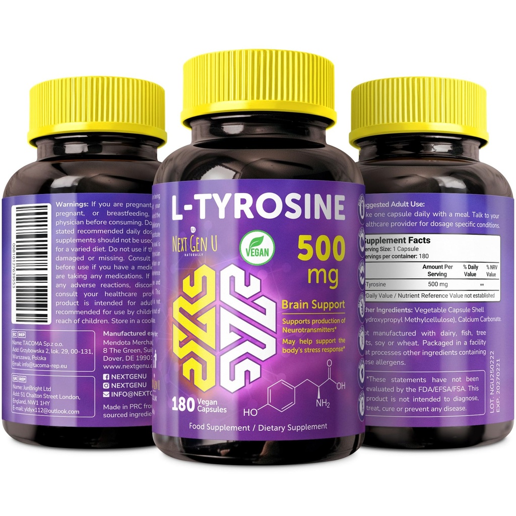 L Tyrosine - 500 mg, 180 Vegan Capsules - Health Food & Dietary Supplement - Mood Support for Adults, Women & Men - Helps Support Healthy Brain Functions - by NextGenU