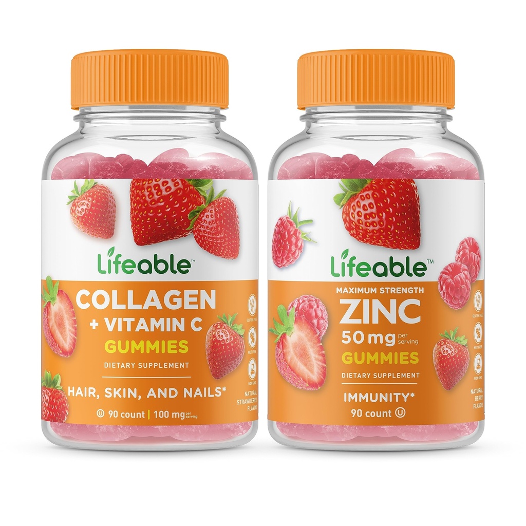 活性Collagen & Vitamin C + Zinc 50mg, Gummys Bundle - Great Tasting, Vitamin 补充, Gluten Free, GMO Free, Chewwable Gummy (英语).