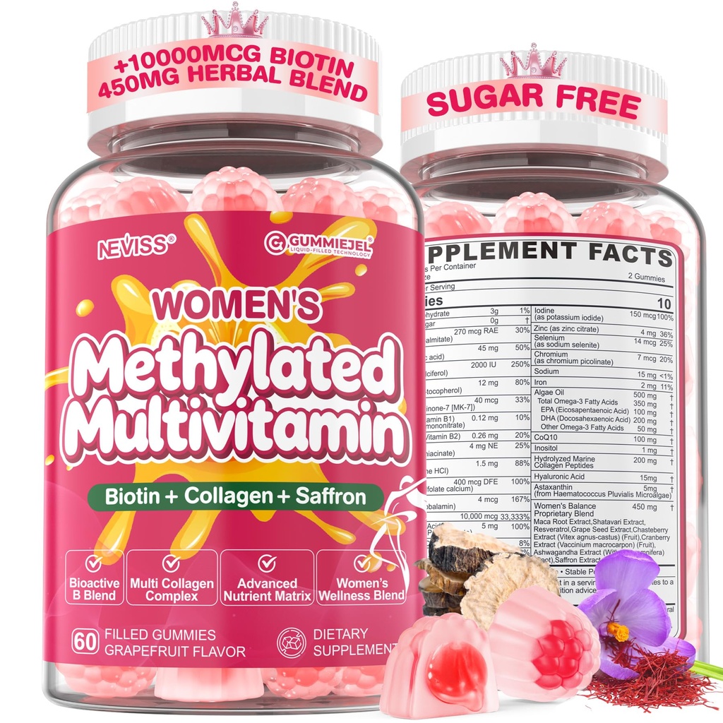 NEVISS Women's Methylated Multivitamin Gummies with Biotin, Astaxanthin, Collagen Peptides, Omega-3, Maca & Saffron, Vitamin A C D, B Complex -Beauty, Energy, Hair, Skin & Nails, Sugar Free, 60 Cts