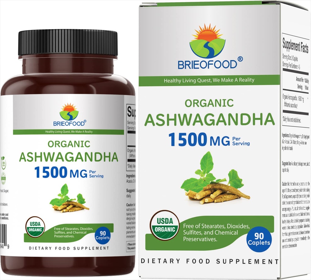 Brieofood 有机 Ashwagandha 1500mg, 45个服务型,蔬菜型,Gluten免费型,90个蔬菜片