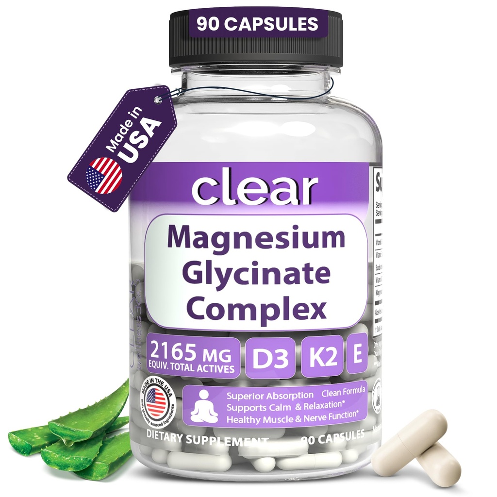 Clear Magnesium Glycinate Supplements Capsules for Women & Men with Vitamin D3, K2 & E - Support Sleep, Stress & Muscle with High Absorption Chelated Magnesium Supplement - Made in USA - 90 Day Supply