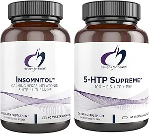 健康5-HTP + Insomonitol Duo-Mood 补充剂的设计,包括Valerian、Melatonin和L-Theanine(2套产品)