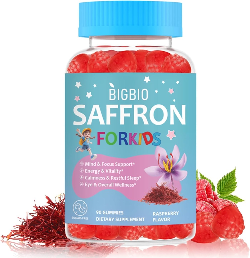 Saffron for Kids, Happy Mood Gummies, Magnesium Glycinate, Omega-3, Holy Basil, L-Theanine, Rosemary, B6, D3 for Calm, Focus, Cognition, Sleep, Sugar Free Saffron Extract Supplement, 90 Gummies