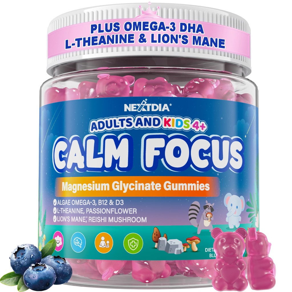 Magnesium Glycinate 400mg for Kids & Adults, Calm Sleep & Focus Gummies + Omega-3 DHA/EPA, Lion's Mane, Vitamins D3 & B12 for Relaxation, Attention & Concentration, Melatonin Free, Sugar Free, 120Cts