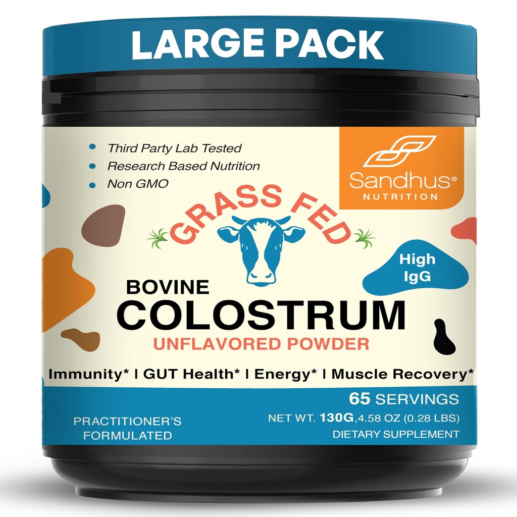 Sandhu's Grass Fed Bovine Colostrum Powder for Human, adderns {65 services(Pack of 1)}"牛"补充 {Gut健康高级IgG}{豁免和肌肉恢复支持 }{未受欢迎的男男女女}