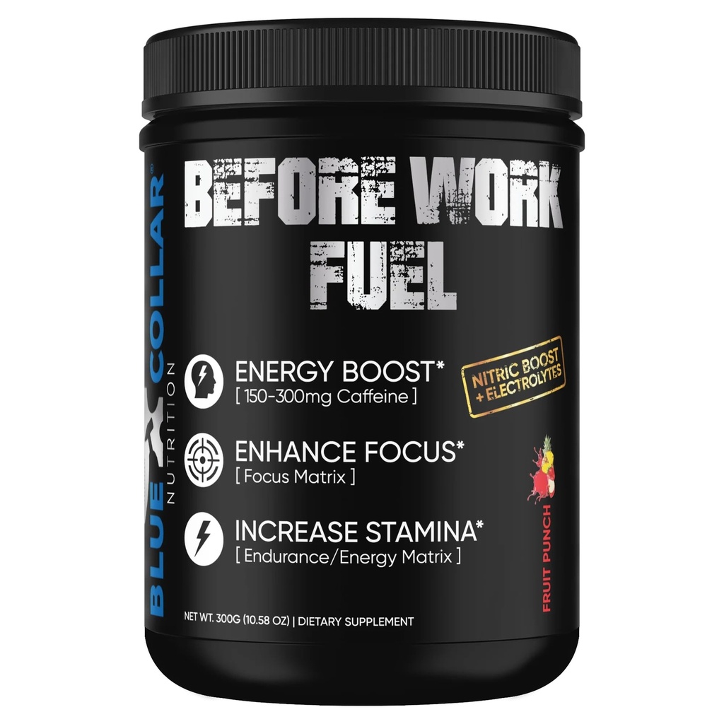 BLUE COLLAR NUTRITION Before Work Fuel – Pre-Work Formula to Support Energy, Focus & Endurance – 30 Servings (All Flavors) (30 Servings, Fruit Punch)