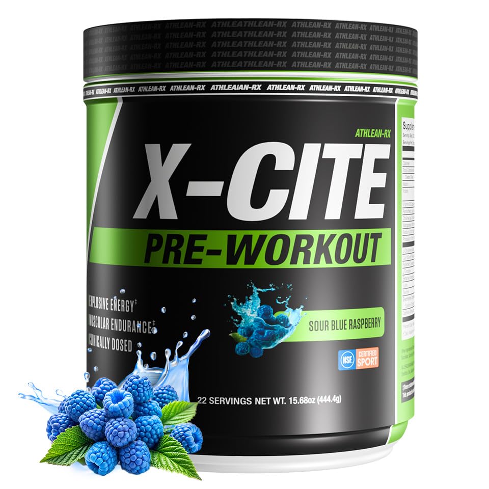 X-CITE Pre-Workout by ATHLEAN-X - Enhanced Formula with Beta-Alanine, Creatine & Caffeine for Ultimate Energy, Endurance, Focus & Muscle Pump, NSF Certified for Sports (Sour Blue Raspberry)