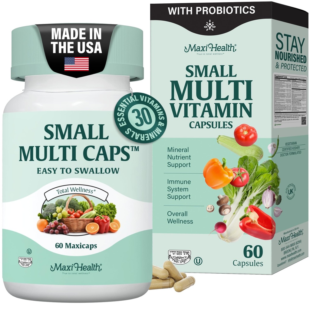 Maxi Health Multivitamin – Easy to Swallow Multi Vitamin Capsules with 30 Nutrients, Iron & Probiotics – Kosher Daily Multivitamins Small Capsules for Wellness Support & Digestive Ease (60 Units)