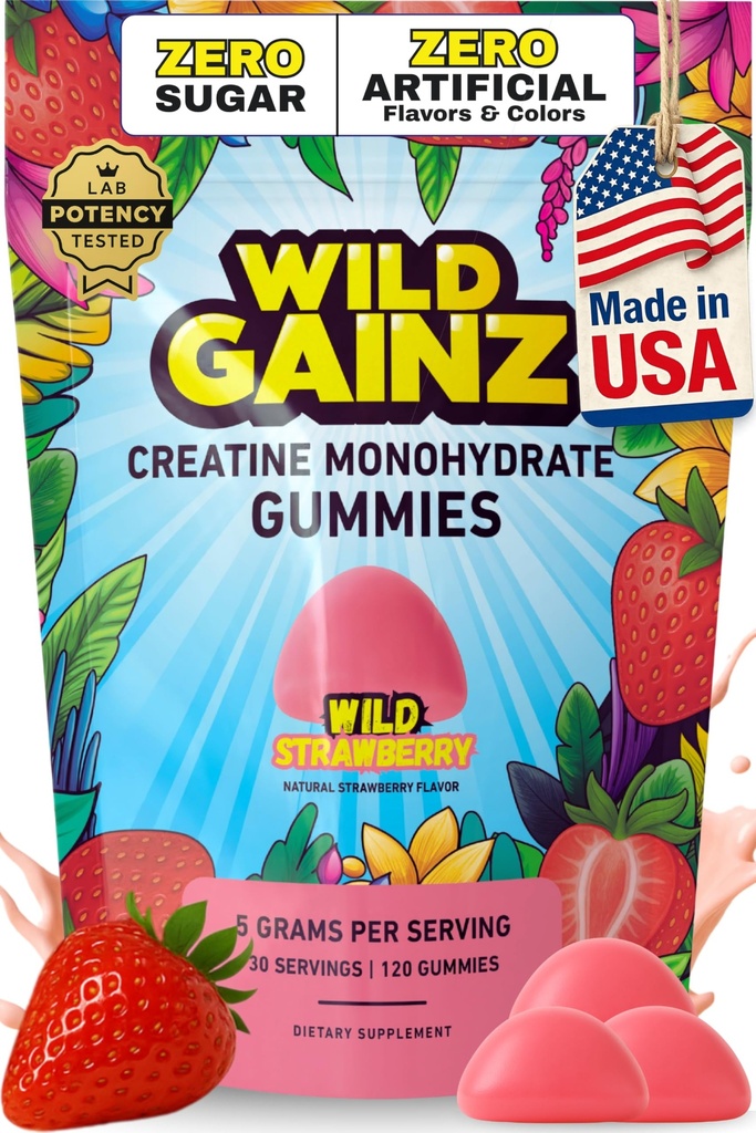Creatine Monohydrate Gummies Sugar Free 5g - Made in USA - Pre Workout Creatine Chews for Women & Men, Creatine Gummy Candy, Chewable Nutritional Supplements, NSF Certified (Strawberry, 120 Count)