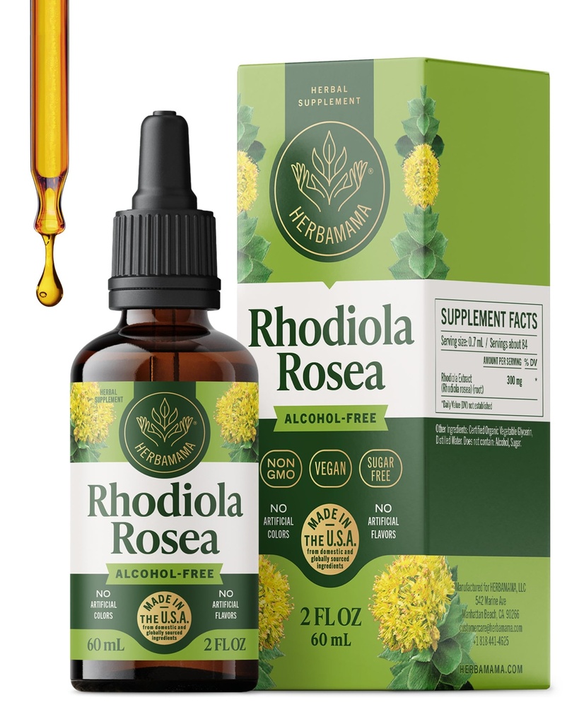 HERBAMAMA Rhodiola Rosea Supplement - Rhodiola Rosea Extract Drops for Mood & Calm Support - Vegan, Non-GMO, Alcohol & Sugar-Free Liquid Extract, 42-Day Supply