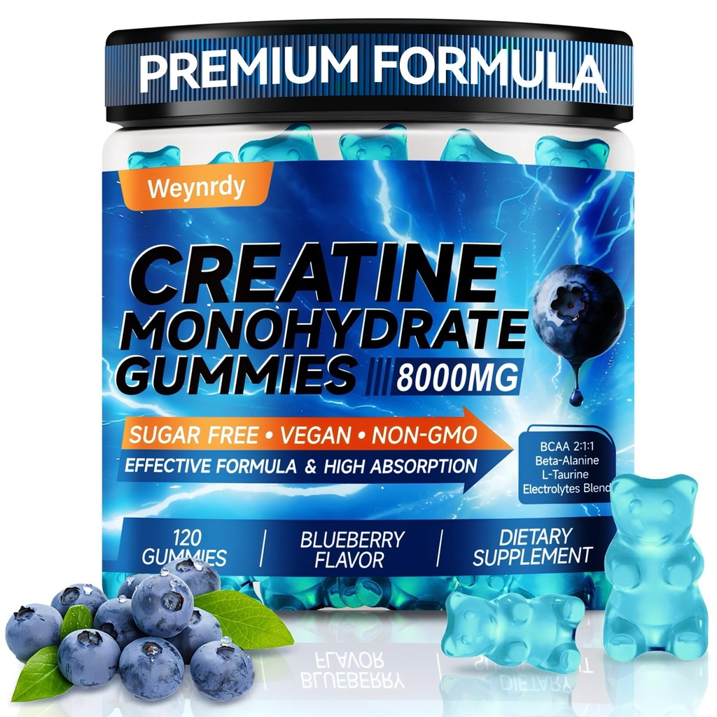 Creatine Monohydrate Gummies 8000mg for Men & Women, Sugar Free Creatine Gummy with L-Taurine, BCAA 2:1, B12＆6, for Muscle Growth, Energy Boost & Recovery, Vegan,120 Count