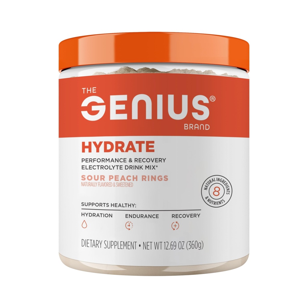 Genius Brand Genius Hydrate - 每日水分的电解补液 - 椰水 - 无糖 - 8 基本矿物和营养物质 - 非GMO - 酸桃环 - 50 服务