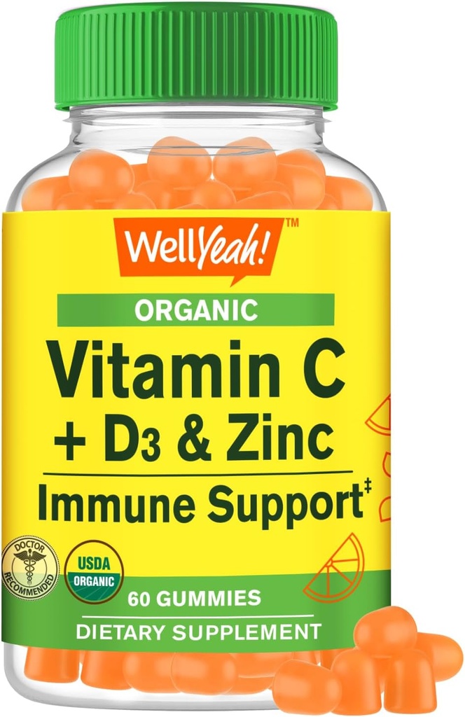 有机维生素C + D3 + 锌类固醇-Immune booting,抗氧化剂-Rich,以及骨质健康支持,USDA有机,Vegan,以及Non-GMO - Gluten-Free, Nut-Free Gummy - 60 Counter