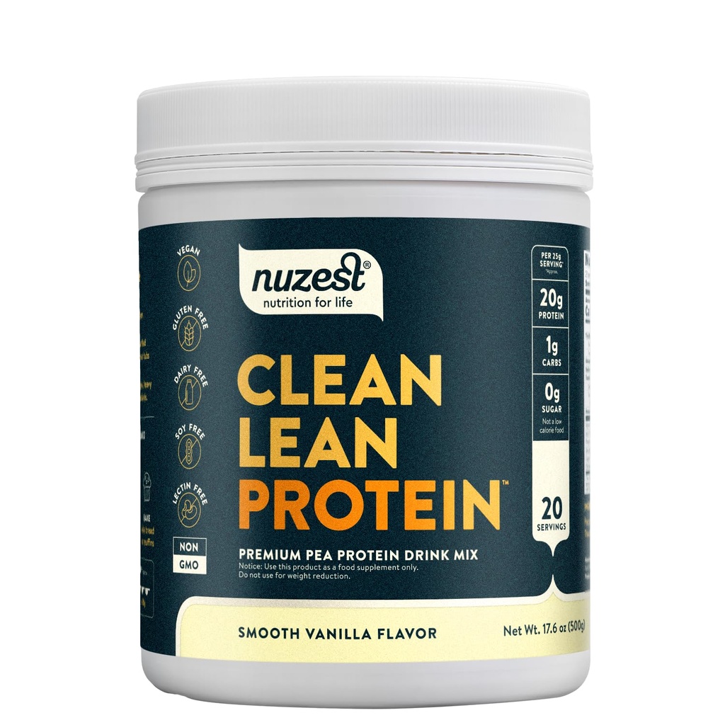 Nuzest - Pea蛋白粉 - Clean Lean蛋白, Premium Vegan Plant based, 乳品免费, Gluten Free, GMO Free, 自然甜化蛋白摇摆, 平滑香草, 20种服务, 1.1磅