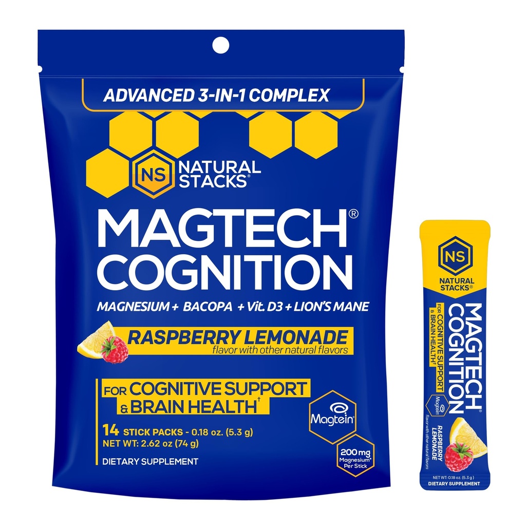 MagTech Magnesium Cognition - Focus Supplement w/Lions Mane Mushroom & Magtein Magnesium L-Threonate, Glycinate, Taurate - Supports Cognition & Brain Health* - Bacopa for Mental Clarity - 14 Servings