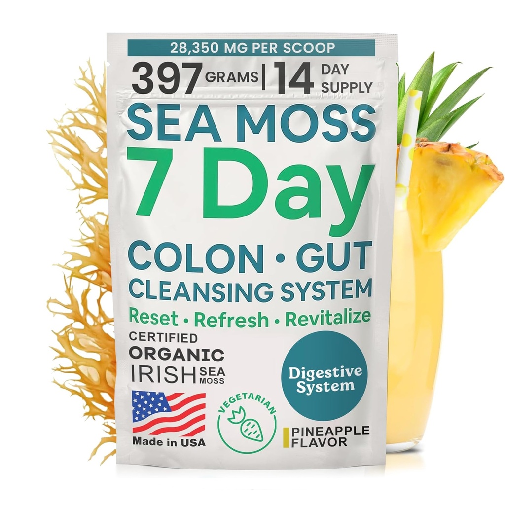 大西洋自然海 Moss 7-Day Colon & Gut Purification - Golden Flax Seeds, Psyllium Husk, Senna Powder, for Women and Men - Pineapple Flavor drink Mix (14 oz) 红宝石 Flavor 水母(14 oz)