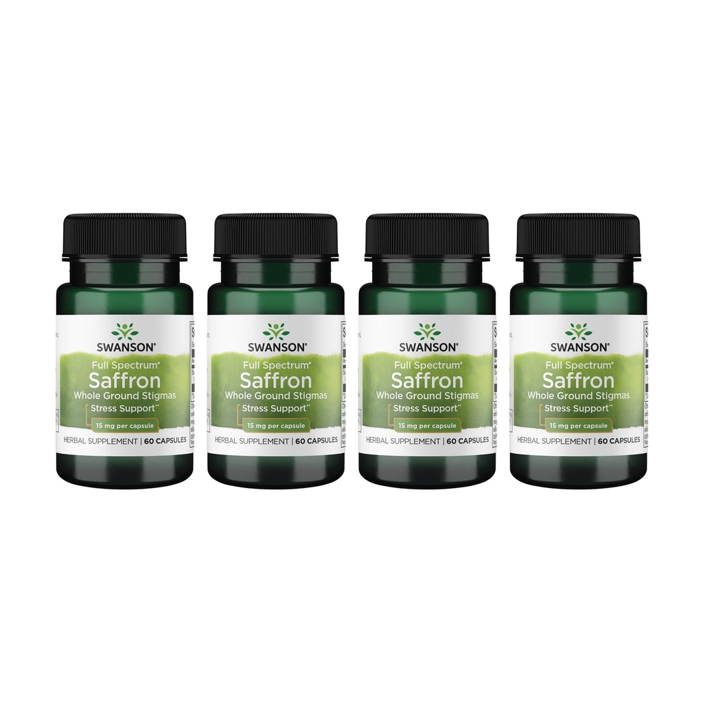 Swanson Full Spectrum Organic Spanish Saffron Mood and Stress Support Supplement for Adults Seeking Natural Relaxation - Whole Ground Stigmas (60 Vegan Capsules, 15 mg, 4 Pack)