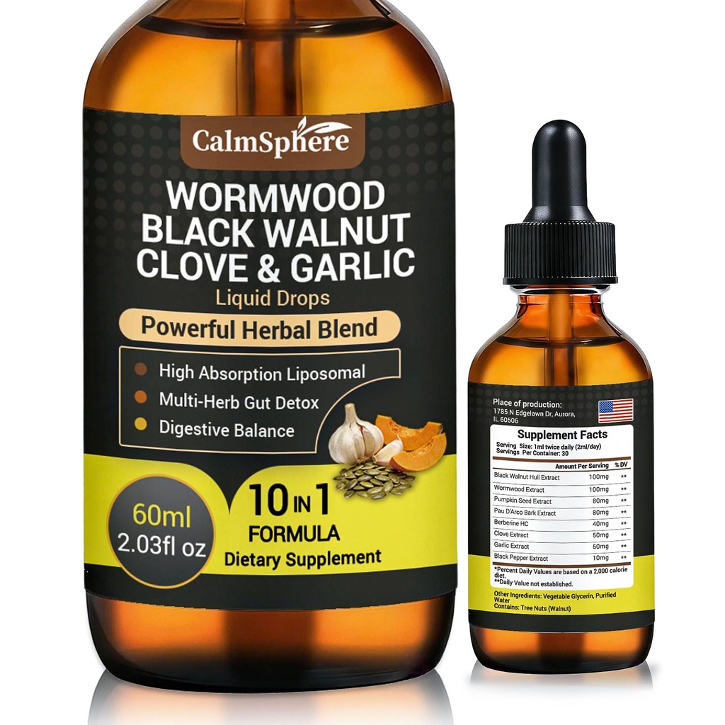 Wormwood Black Walnut Clove Liquid Drops, Liposomal Wormwood Tincture, Organic Black Walnut & Wormwood & Cloves with Garlic, Pumpkin Seed, Berberine, Black Pepper,Gut Health & Digestive Support