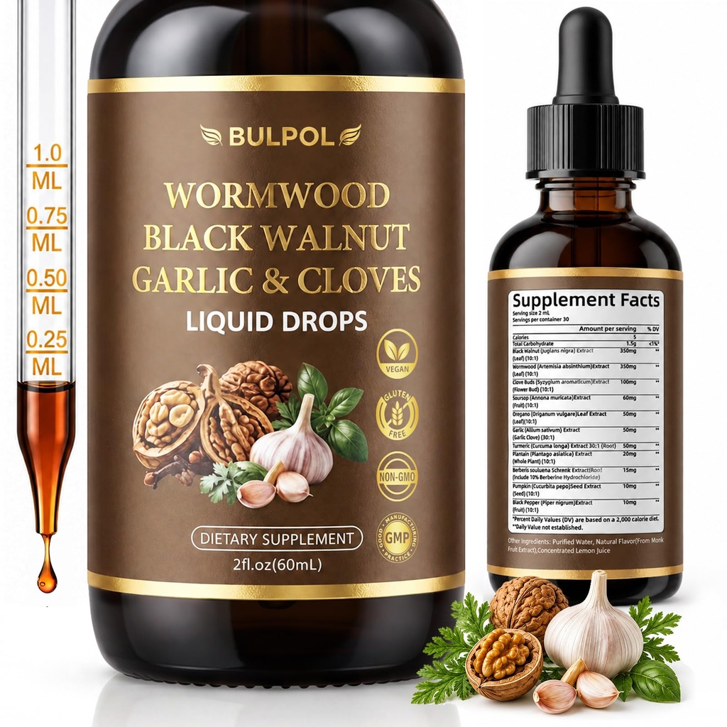 Wormwood Black Walnut Clove Cleanse Drops for Digestive Support | High Absorption Herbal Formula with Garlic, Pumpkin Seed & Turmeric Extract, Natural Gut Cleanse Supplement for Adults