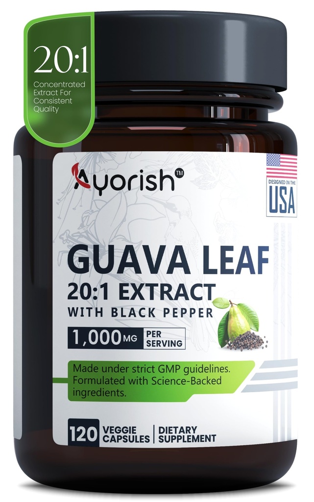 Guava Leaf Capsules 1000mg 120 Count Guava Leaf Extract 20:1 with Black Pepper Herbal Supplement Plant Based Botanical Capsules Vegan Non GMO