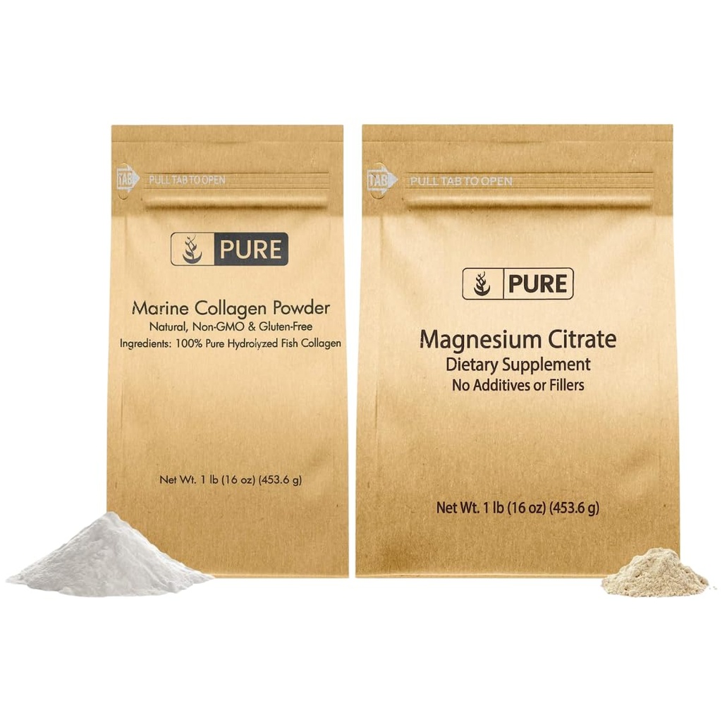 PURE ORIGINAL INGREDIENTS Marine Collagen & Magnesium Citrate Bundle (1lb), Dietary Supplements, Fine Powders