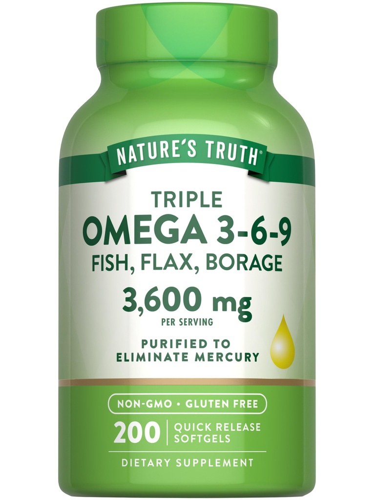 (原始内容存档于2018-09-05). Nature's Truth Triple Omega 3 6 9 | 3600mg | 200 Softgels | 鱼, Flax, and Borage Oils | Non-GMO & Gluten Free Supplement