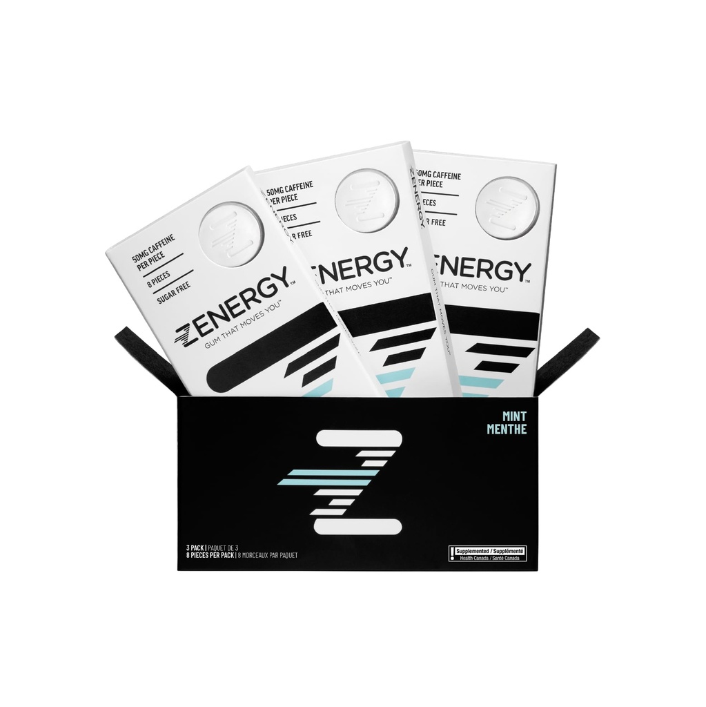 ZENERGY 能源口香糖 - Mint Flavor + 50mg Cafeine + 35% B6和 45% B12 维生素 → Vegan, 0 糖, 0 卡路里, 0 Gluten, 0 Aspartame, 非 GMO, 即时动作 → 3 Pack = 24 Counter