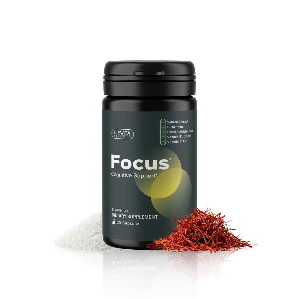 Focus Supplement (Made in Italy) | Premium Blend with L-Theanine, Lion's Mane & B Vitamins, Saffron and Vitamin D | Focus & Cognitive Support for Men & Women