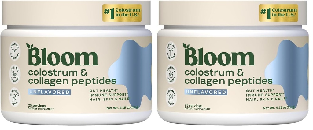 Bloom Nutrition Bovine Colostrum Powder with Vitamin B-12 for Gut Health, Immune Support, Hair Growth & Beauty Supplement | Unflavored, 25 Servings (Pack of 2)