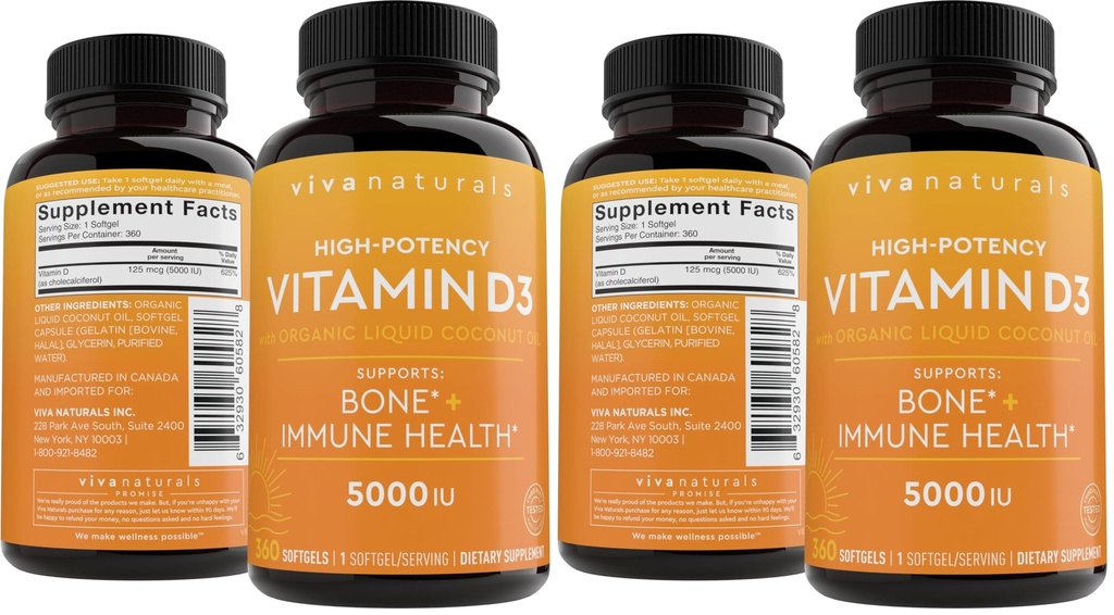 Viva Naturals Vitamin D3 5000 IU Softgels, Supports Bone & Immune Health, High Potency Vitamin D, 360 Count (125 mcg), (Pack of 2)