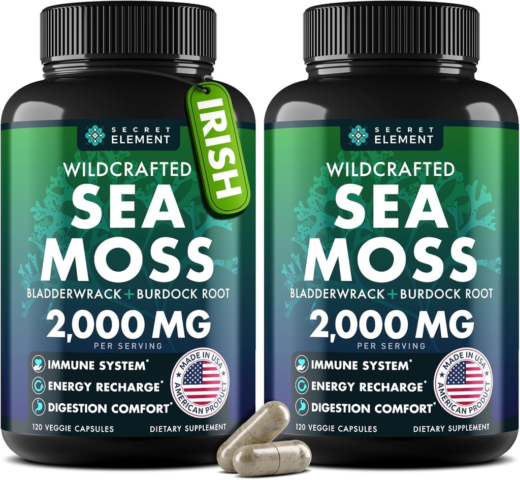 Sea Moss Capsules - 爱尔兰海 Moss 高级 Burdock Root, Bladderwrack & Muira Puama 豁免, Gut, & Energy - 超级食物海 Moss 补充 w/Raw Sea Moss 粉 (2 Pack)