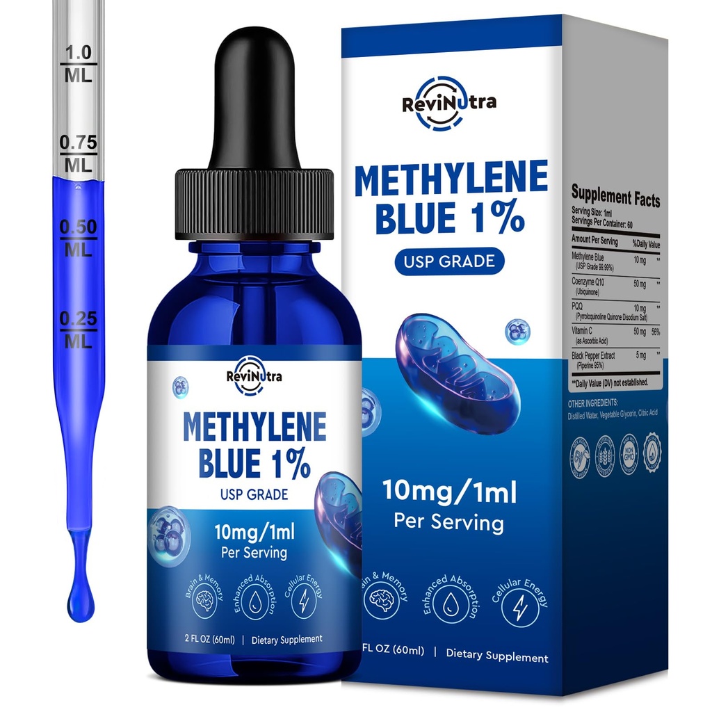 Methylene Blue Drops, Blue Methylene Pharmaceutical Grade for Humans, Brain Health Liquid Supplement with PQQ, CoQ10, Vitamin C, Black Pepper Extract for Cognitive Support, USP Grade 1%, 2 Fl Oz