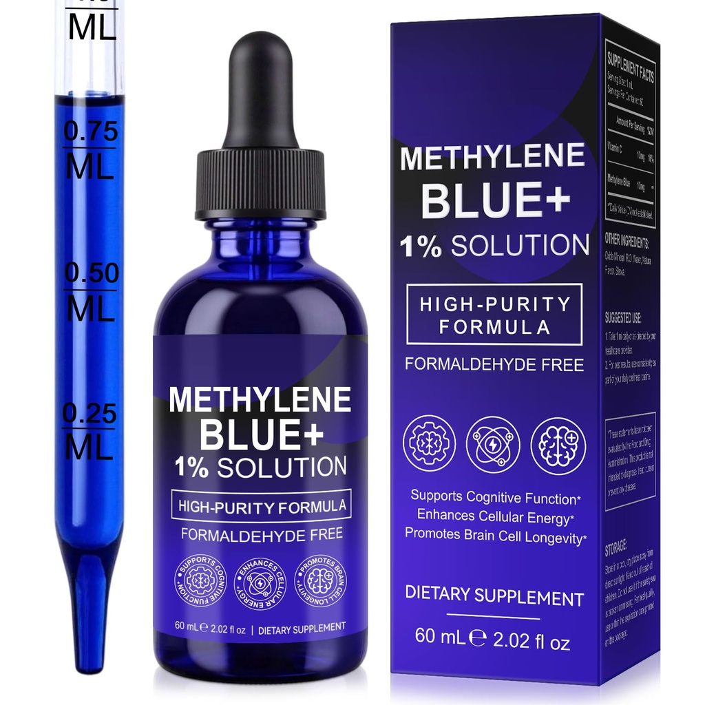 Methylene Blue Drops – Methylene Blue Pharmaceutical Grade, 1% Solution Supplement for Humans Brain Health, Focus & Cognitive Support, No Formaldehyde, 60ml (2.02FL.OZ)